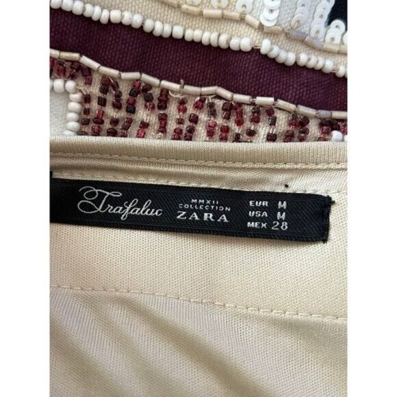 Zara Trafaluc Embellished Mini Skirt Beige/Burgundy Black Geometric Design Cotto - Picture 4 of 12